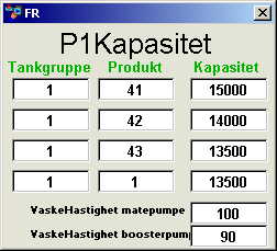 I kapasitetsmenyen vil systemet prioritere det æverste valget først om flere av de fire forvalgene er oppfylt. I dette tilfellet vil all helmelk (produktkode 41) bli produsert med 15.000 liter/time. Alle endre produkter enn 41,42,43 vil bli produsert på 13.500 liter/time.