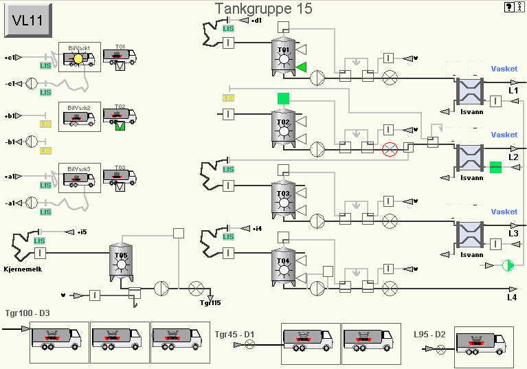 Tgr15, L102 er valg for mottak av melk, mens Bil1 er på vask og Bil3 er koblet for vask.